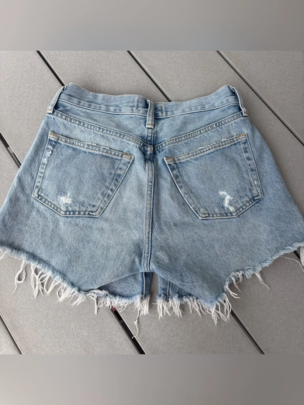 Agolde Parker Long Light Blue Distressed Cutoff Denim Shorts size 24